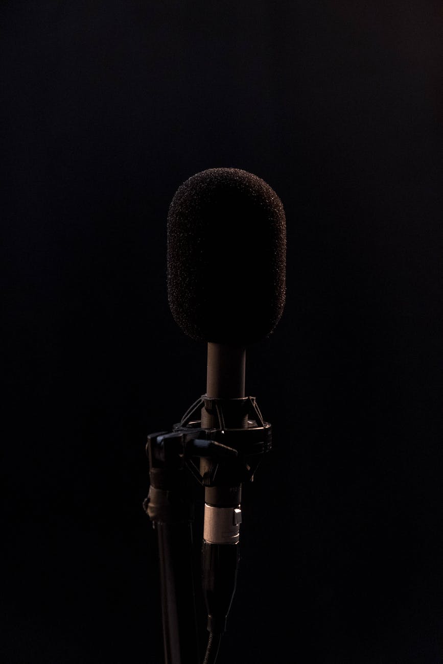 black and silver microphone with stand